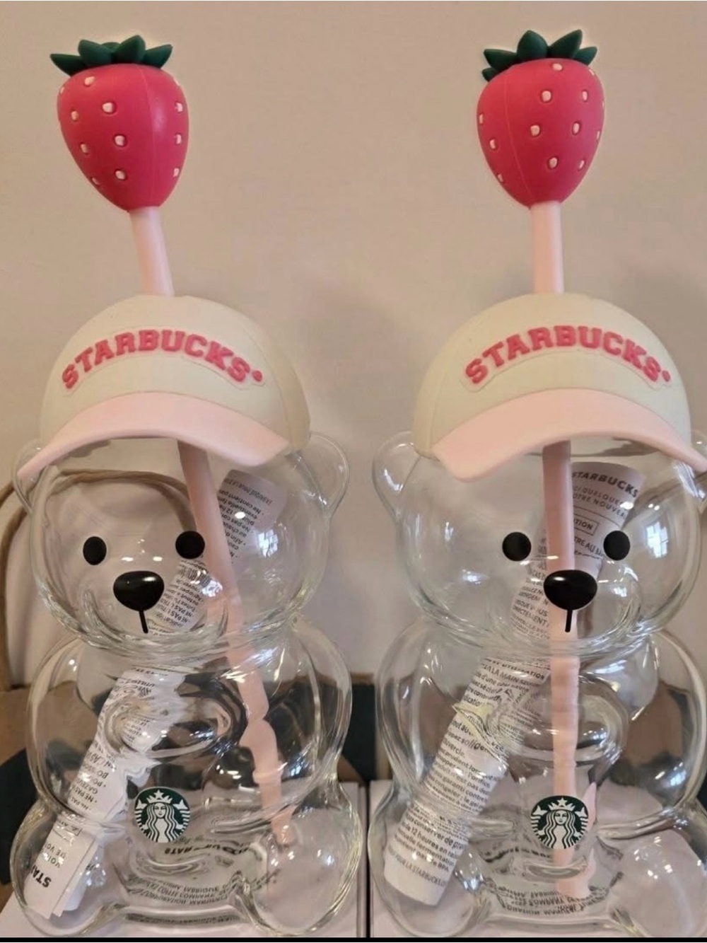 2 Starbucks Bearista Strawberry Bear Cup with Pink Straw-NWT